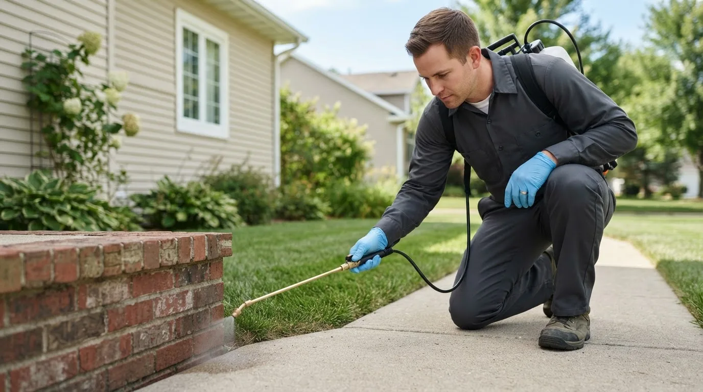 Pest control technician treating a home near Merom, IN