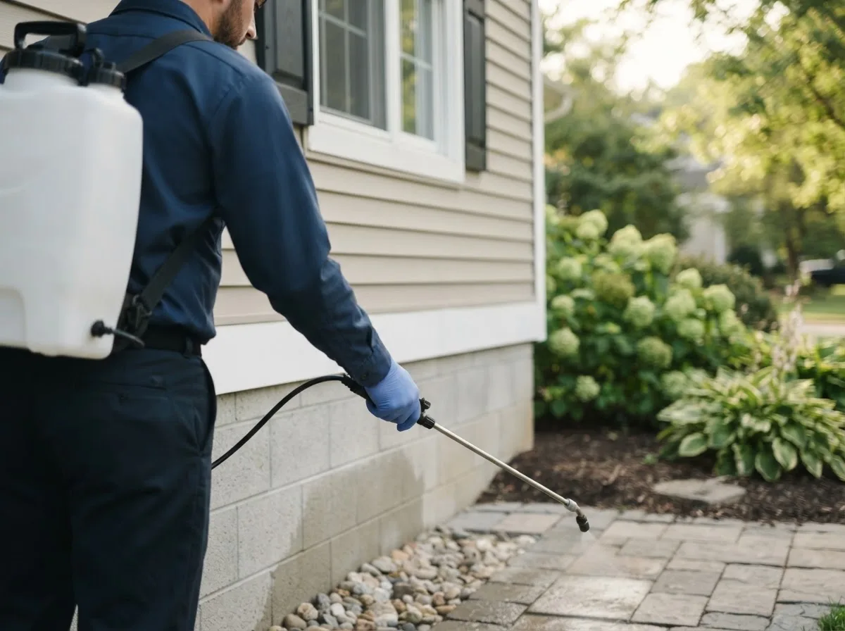 Pest control technician inspecting a home in Merom, IN